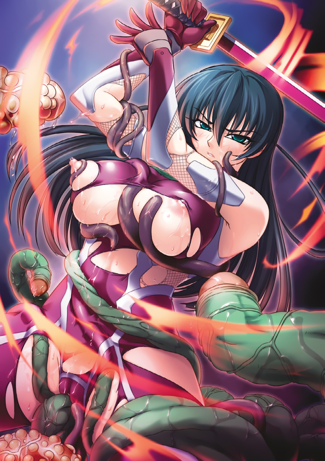 bodysuit breast_grab cameltoe fishnets igawa_asagi kagami lilith_soft ninja nipples sword taimanin_asagi tentacles torn_clothes wet