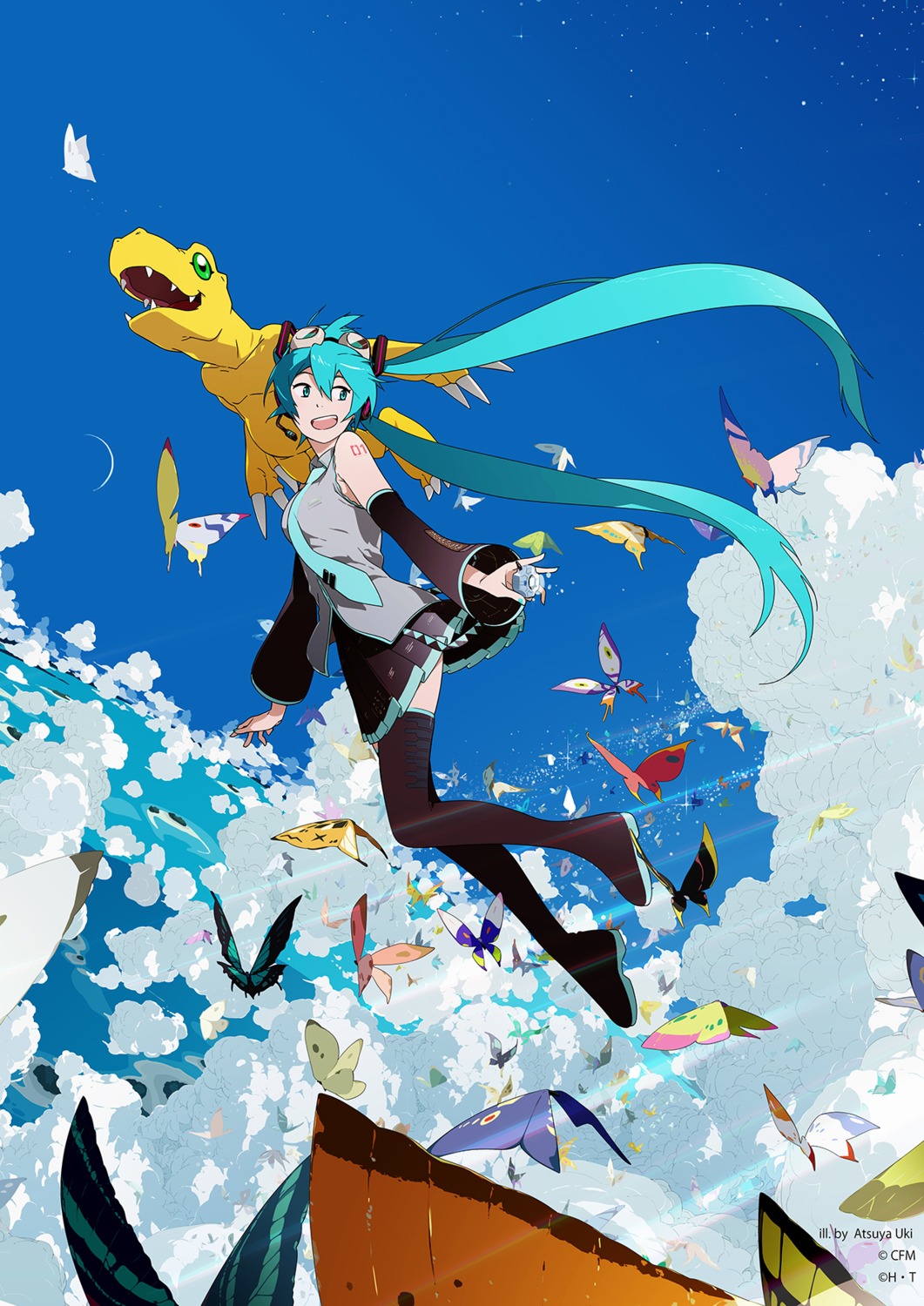 agumon crossover digimon_adventure hatsune_miku headphones skirt_lift tattoo thighhighs uki_atsuya vocaloid