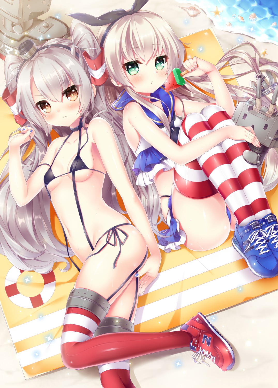 amatsukaze_(kancolle) bikini kantai_collection loli natsume_asato rensouhou-chan rensouhou-kun shimakaze_(kancolle) stockings swimsuits thighhighs thong