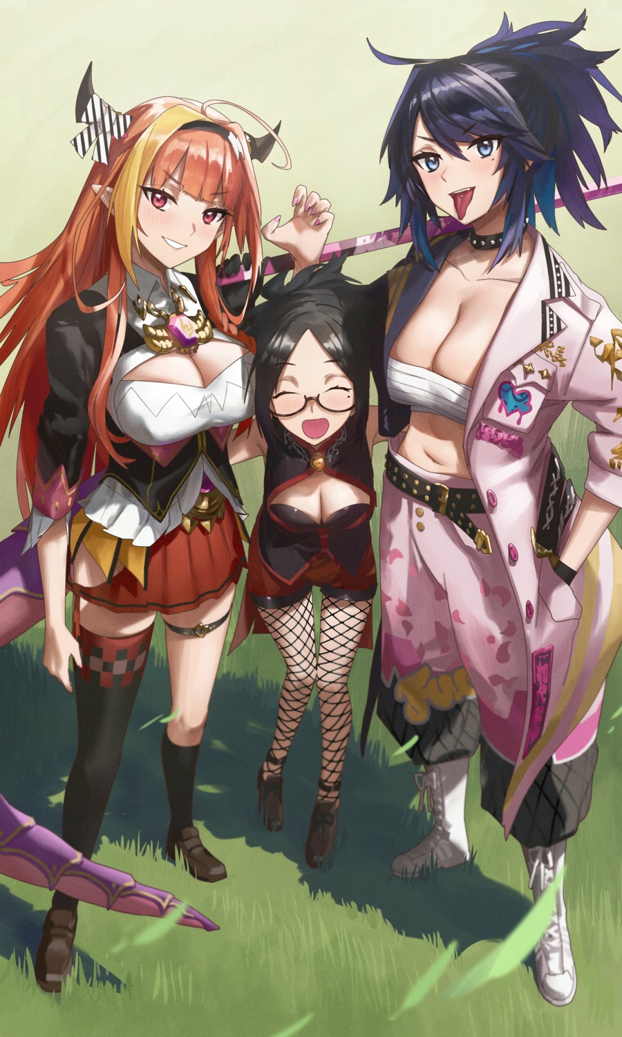 cleavage dress fishnets garter hololive horns japanese_clothes kiryuu_coco megane open_shirt pointy_ears sarashi tagme tail thighhighs weapon