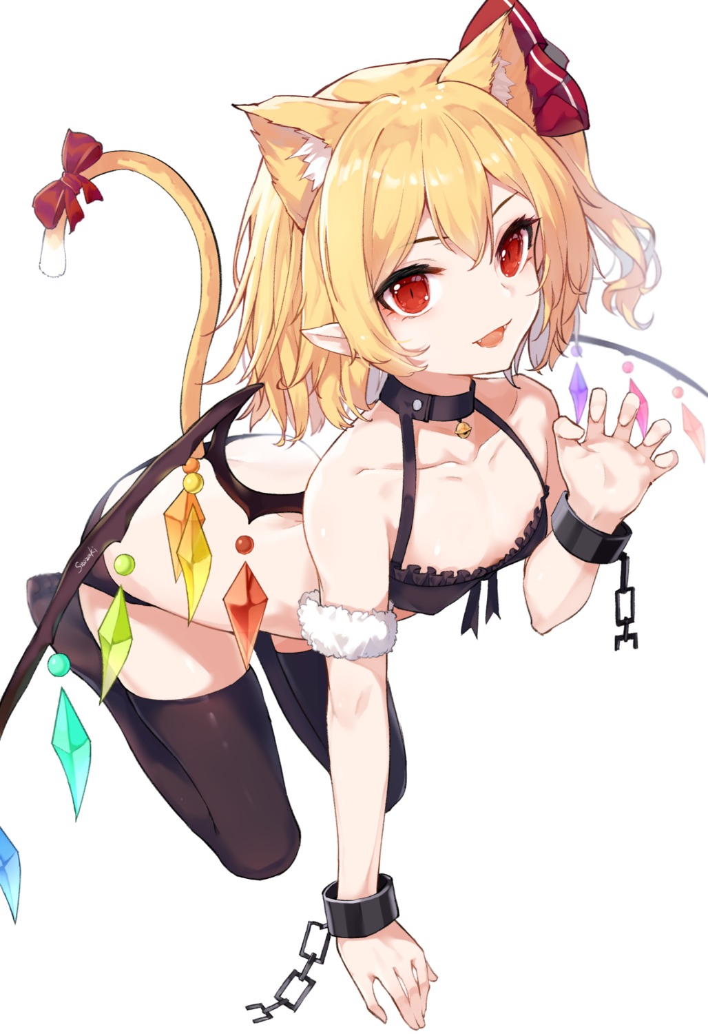 animal_ears bra flandre_scarlet nekomimi pantsu pointy_ears snozaki tail thighhighs touhou wings