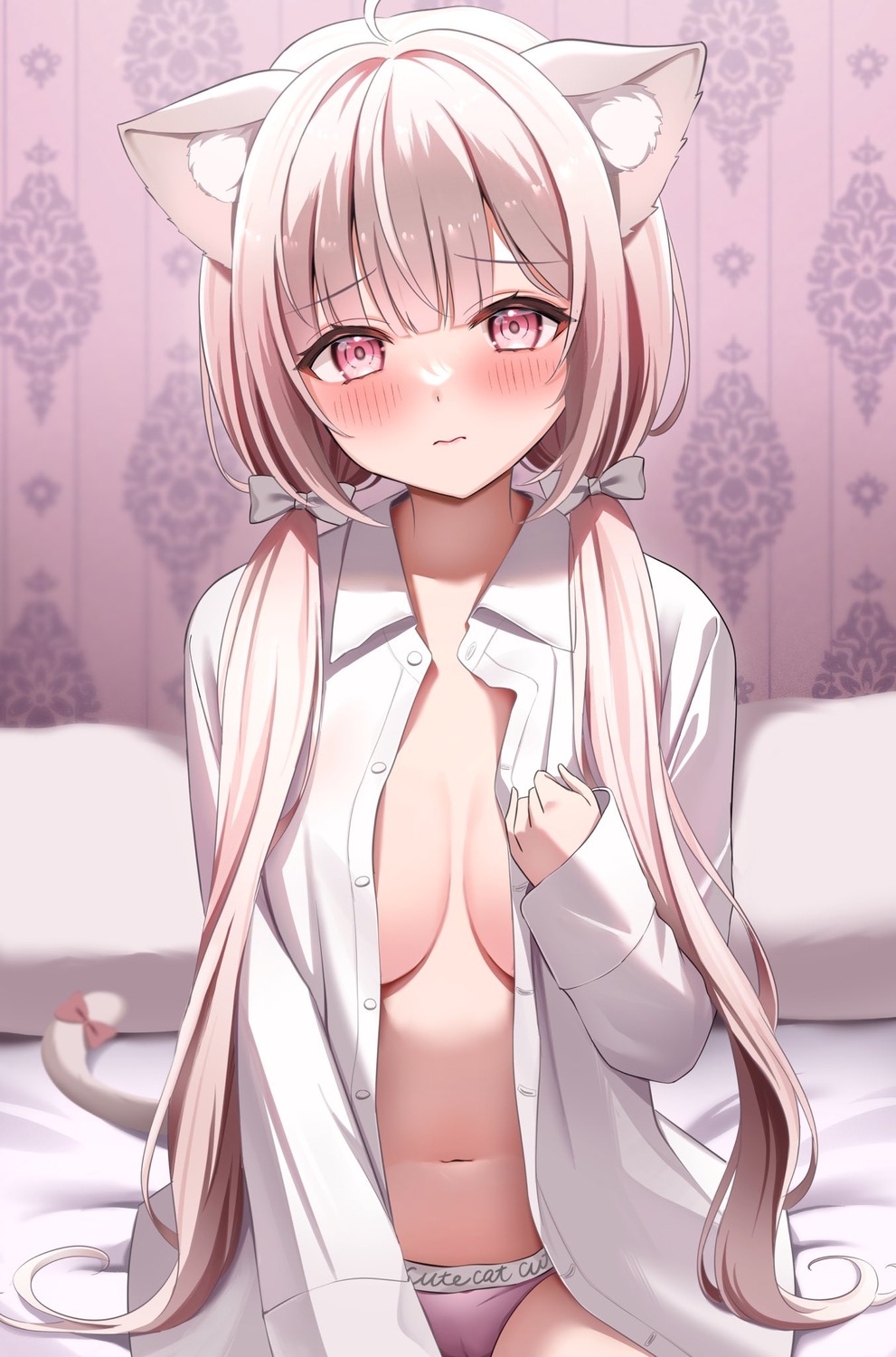 animal_ears cameltoe dress_shirt mikumineko nekomimi no_bra open_shirt pantsu tail