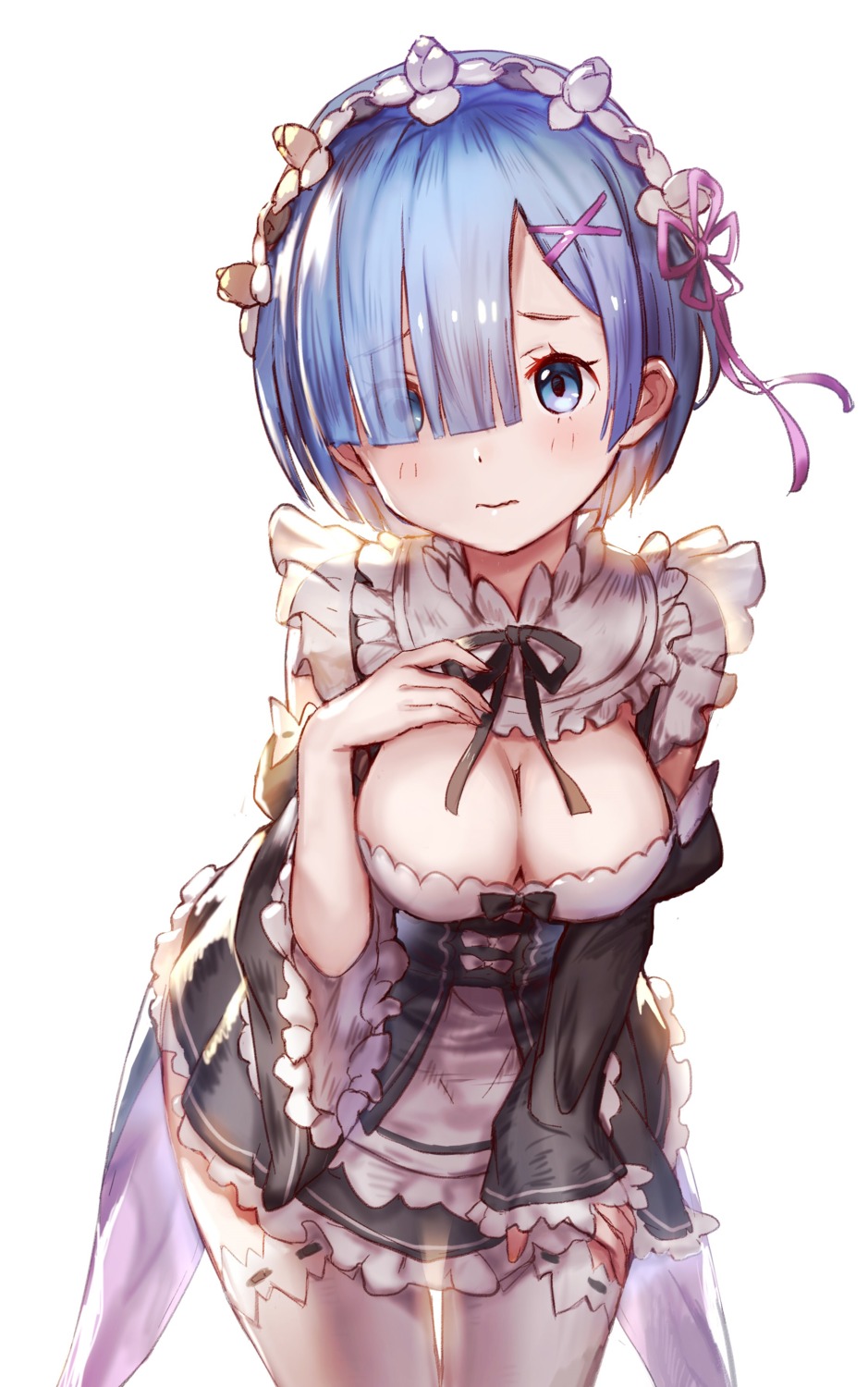 77gl cleavage maid no_bra re_zero_kara_hajimeru_isekai_seikatsu rem_(re_zero) thighhighs