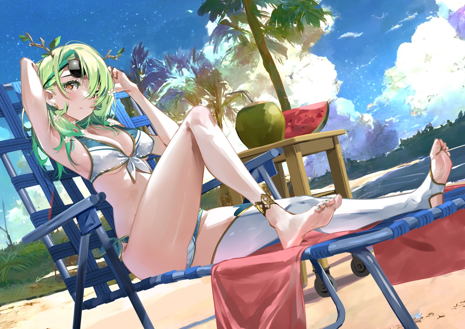 bikini ceres_fauna feet hololive hololive_english horns megane swimsuits sydus thighhighs