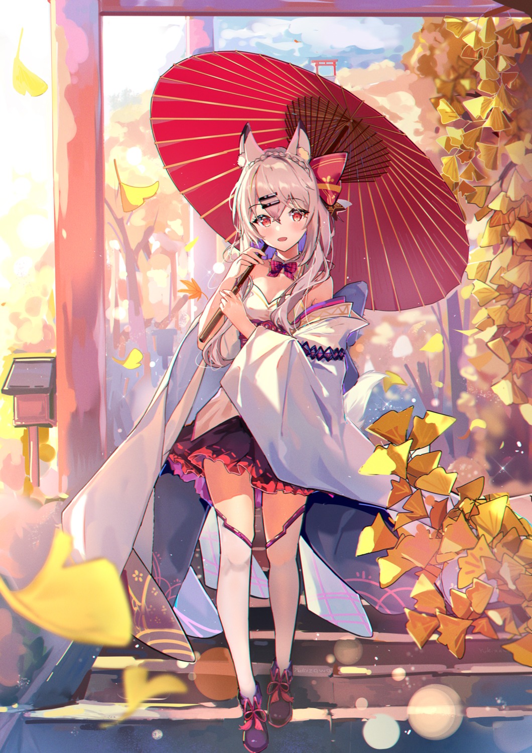 animal_ears japanese_clothes jinguuji_tamamo kitsune revdol!_virtual_idols_next_to_you tail thighhighs umbrella yukizawa_xueze