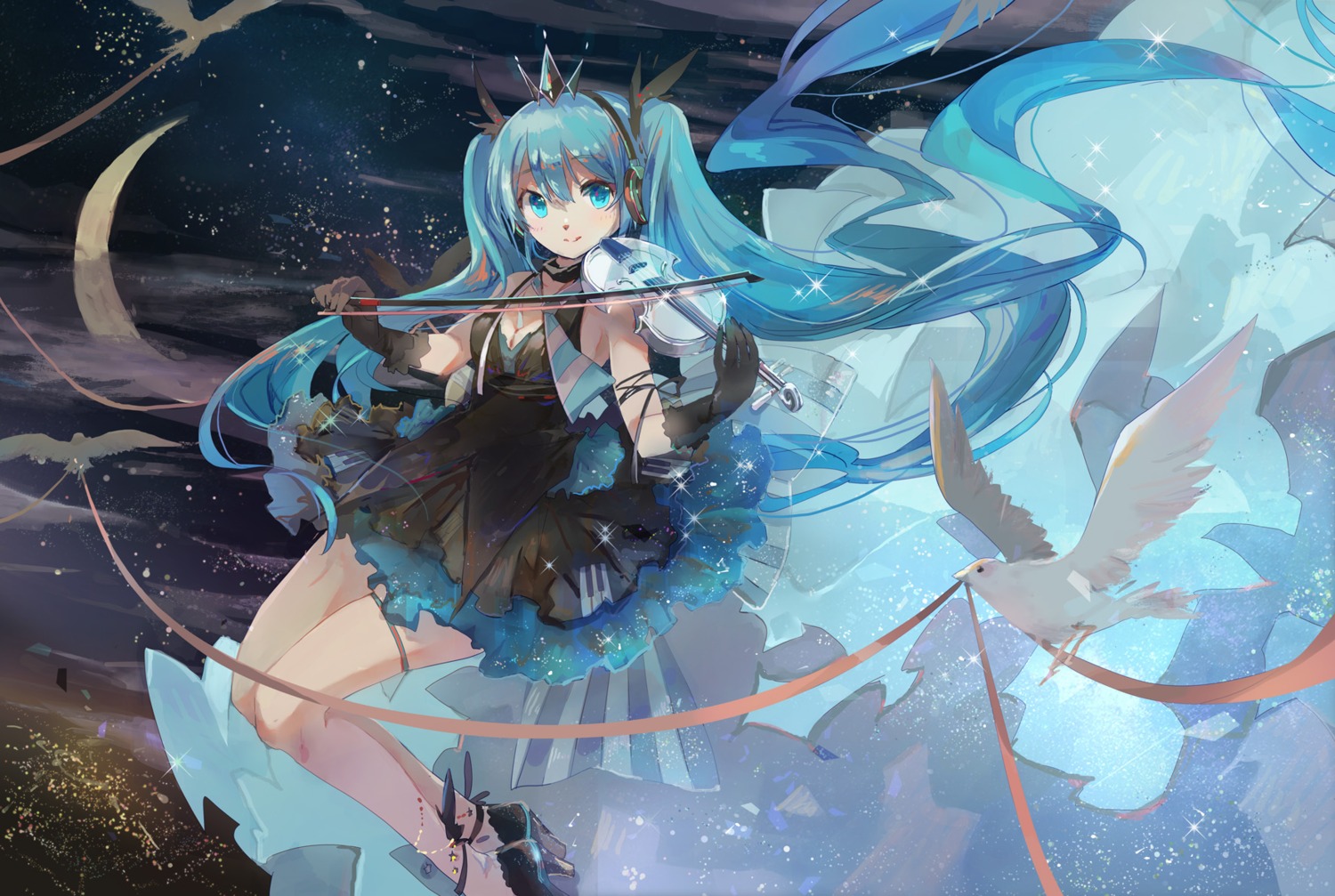 cleavage dress hatsune_miku headphones heels shadowsinking vocaloid