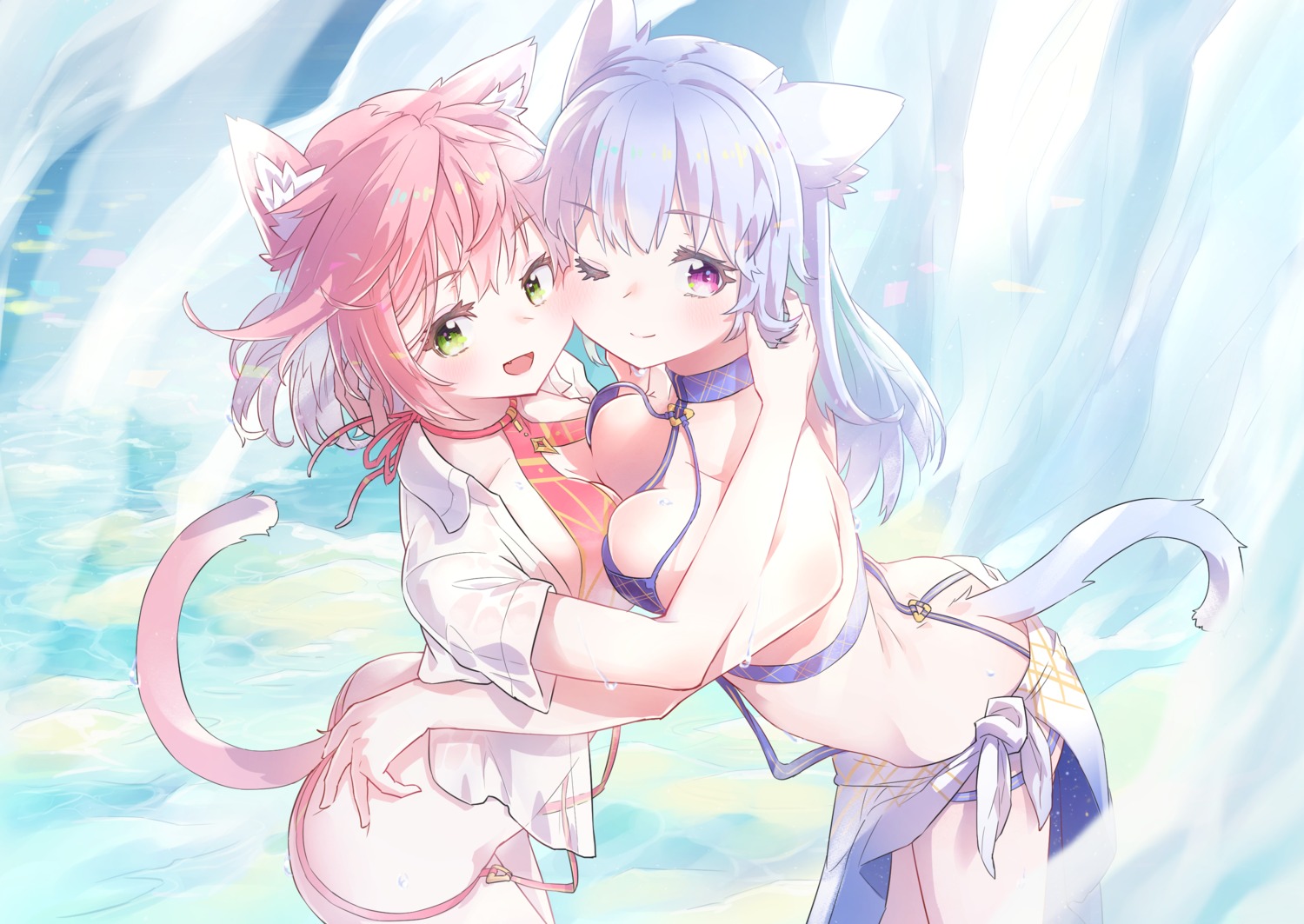 animal_ears ass ass_grab bikini hatsuga_(dmaigmai) loli nekomimi see_through swimsuits symmetrical_docking tail wet wet_clothes yuri