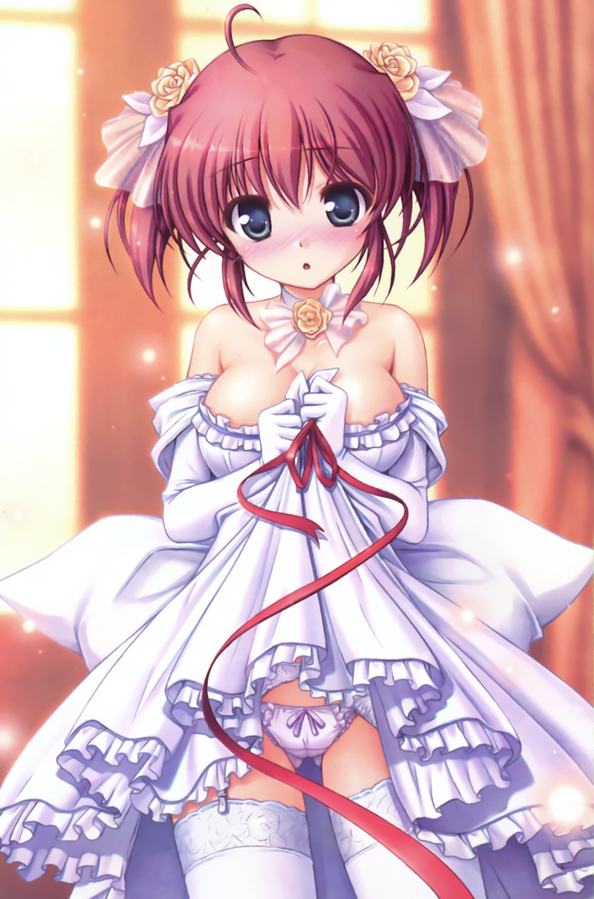 august bekkankou daitoshokan_no_hitsujikai dress kodachi_nagi pantsu skirt_lift stockings thighhighs wedding_dress