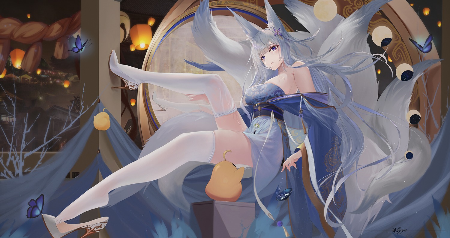 animal_ears azur_lane heels japanese_clothes kitsune manjuu_(azur_lane) no_bra shinano_(azur_lane) tail thighhighs xllycyer