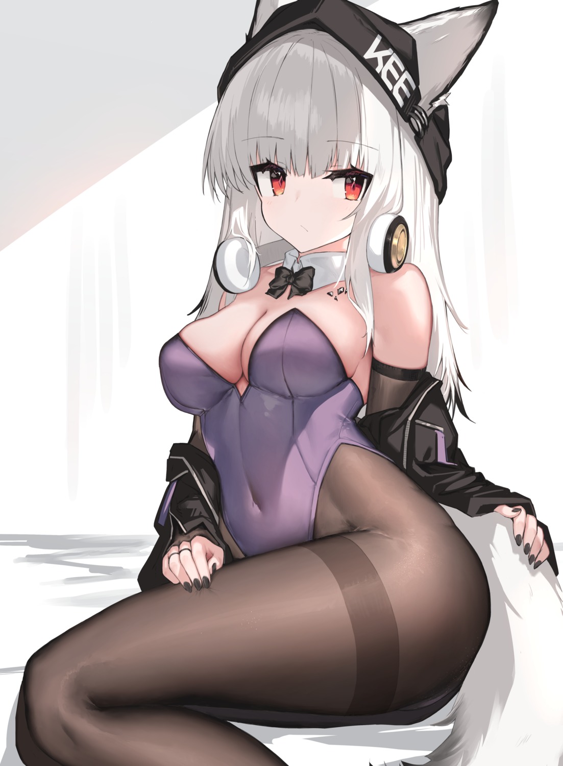 animal_ears arknights bunny_girl frostleaf_(arknights) headphones no_bra pantyhose tail yki