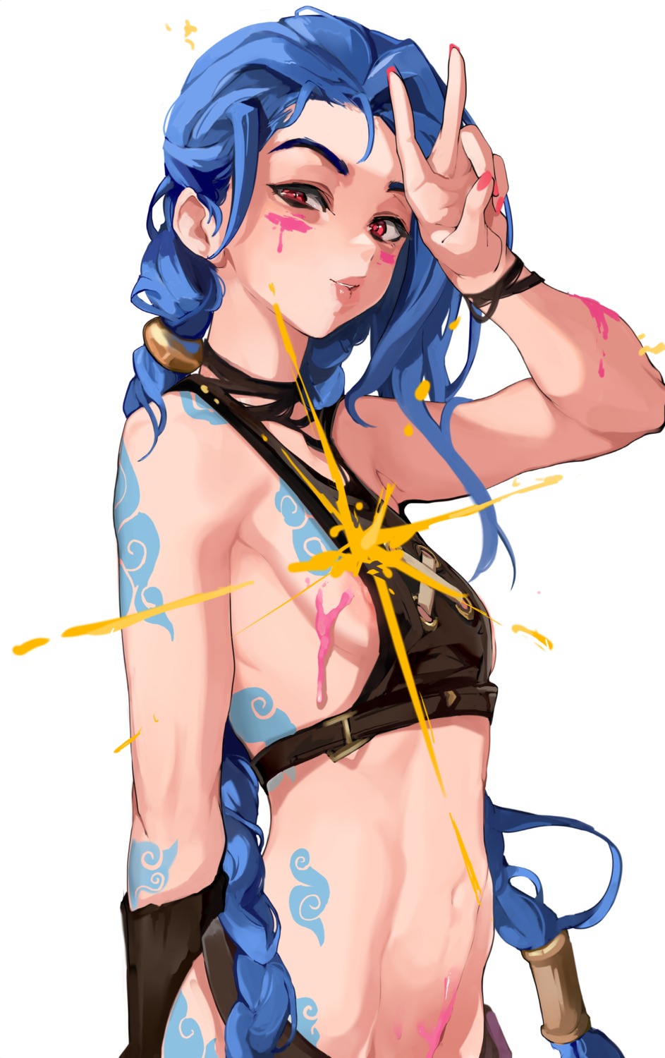 jinx league_of_legends nipple_slip no_bra ogata_mamimi tattoo