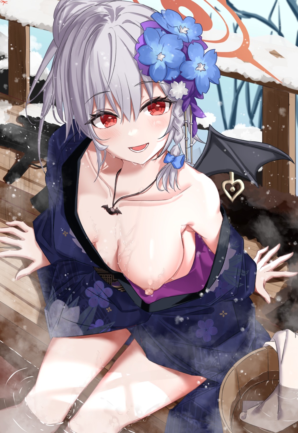 blue_archive breasts devil halo japanese_clothes kurodate_haruna nipples no_bra onsen open_shirt vayneeeee wet wings