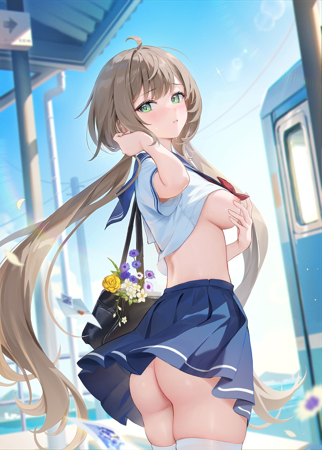 ass breasts houkisei momoko_(houkisei) nipples no_bra nopan seifuku shirt_lift skirt_lift thighhighs