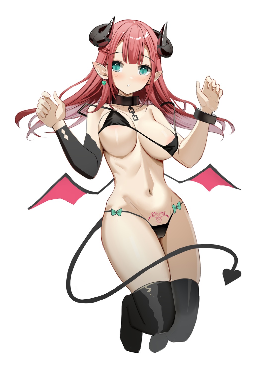 areola bikini horns pointy_ears ryu_(leon_esoragotonooto) swimsuits tail tattoo thighhighs wardrobe_malfunction