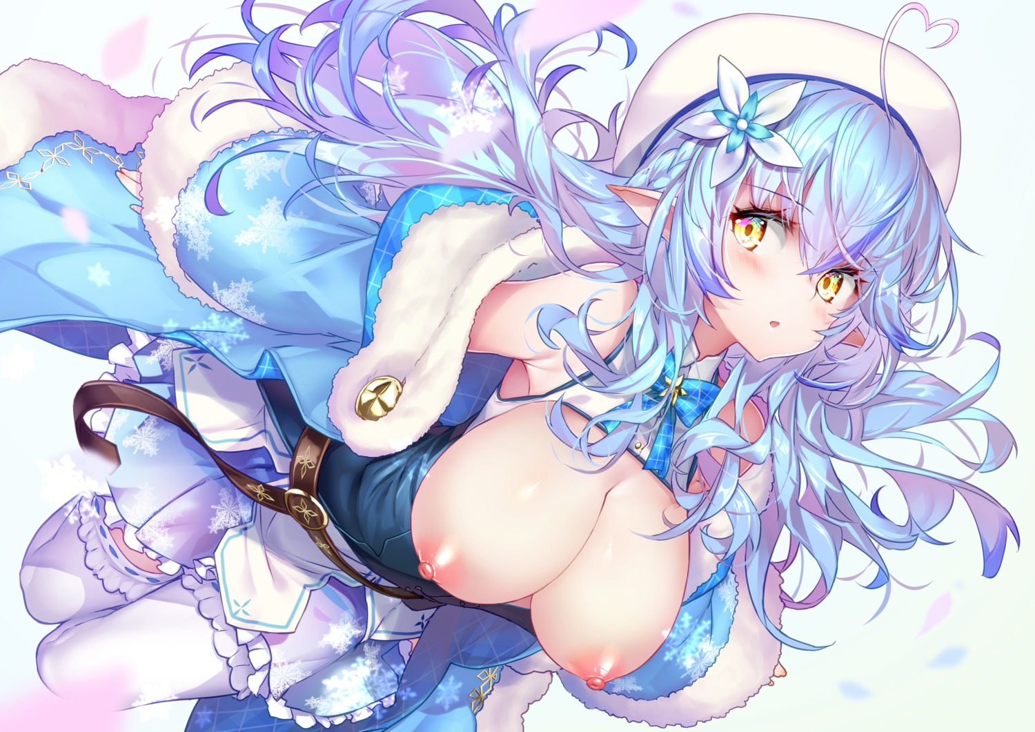 breasts elf hololive hong_(white_spider) nipples no_bra open_shirt pointy_ears thighhighs yukihana_lamy