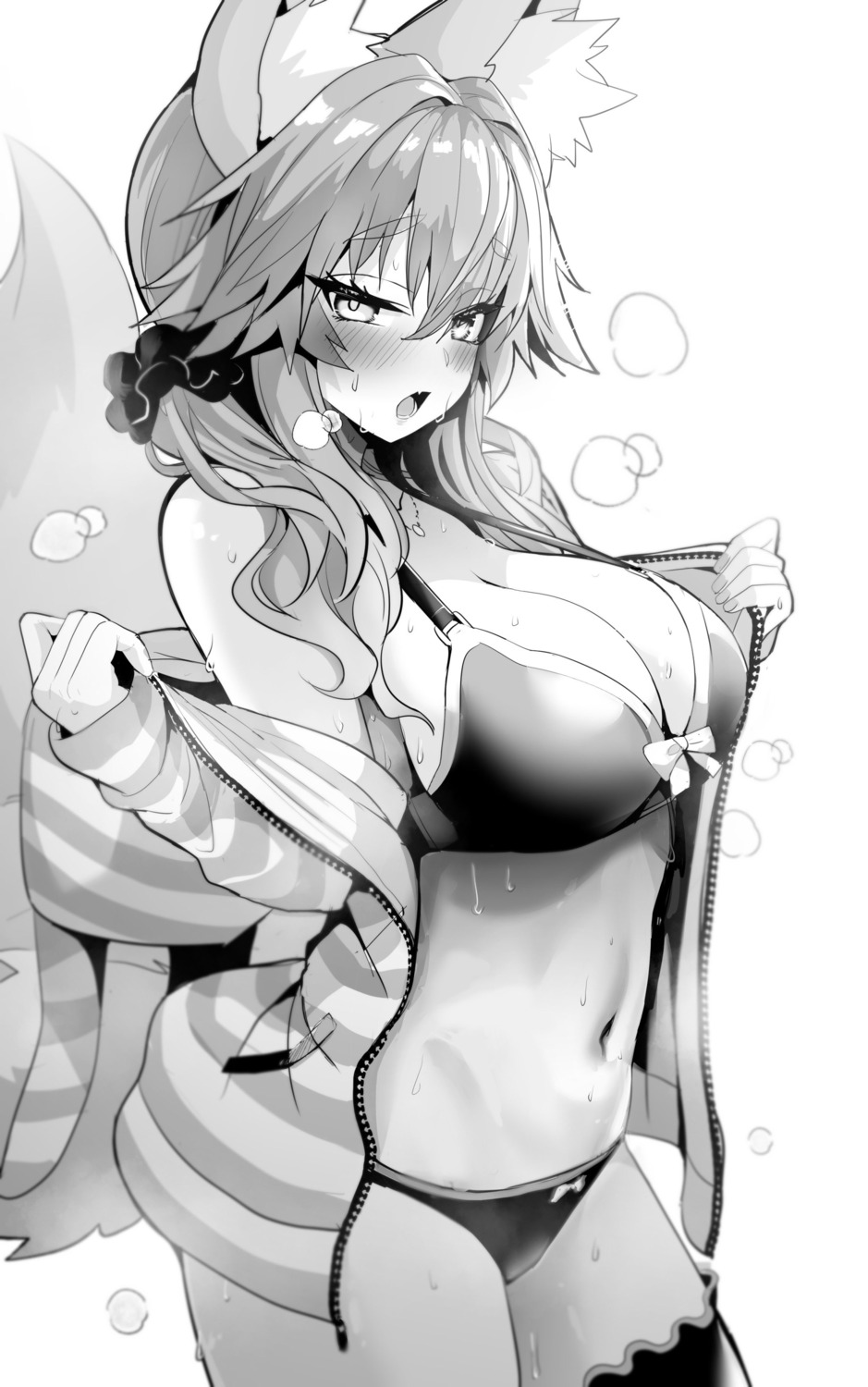 animal_ears bikini fate/extella kitsune monochrome open_shirt swimsuits tail tamamo_no_mae thighhighs undressing wet wisespeak