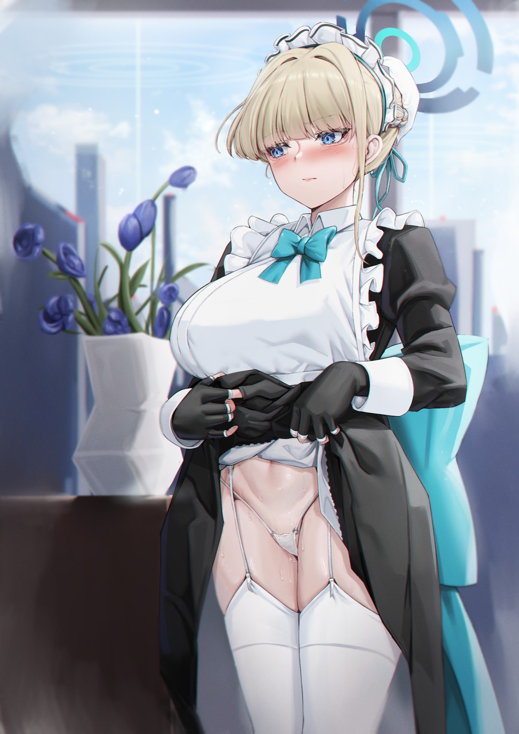 asuma_toki blue_archive halo kuutamo maid pantsu pussy_juice skirt_lift stockings thighhighs thong wet