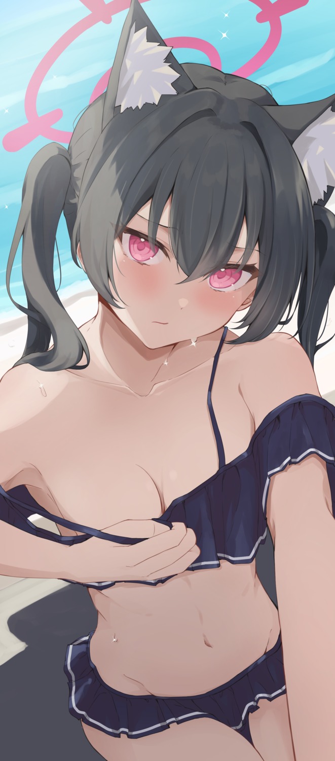 animal_ears bikini blue_archive halo kumoi_sora kuromi_serika nekomimi selfie swimsuits undressing wet