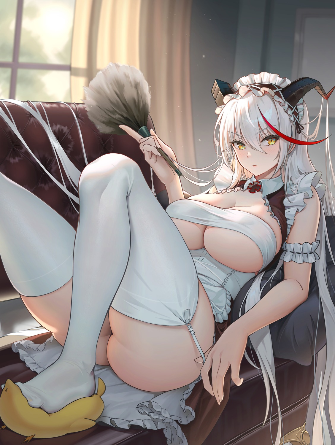 aegir_(azur_lane) azur_lane horns maid manjuu_(azur_lane) stockings thighhighs undressing yun_(user367624)