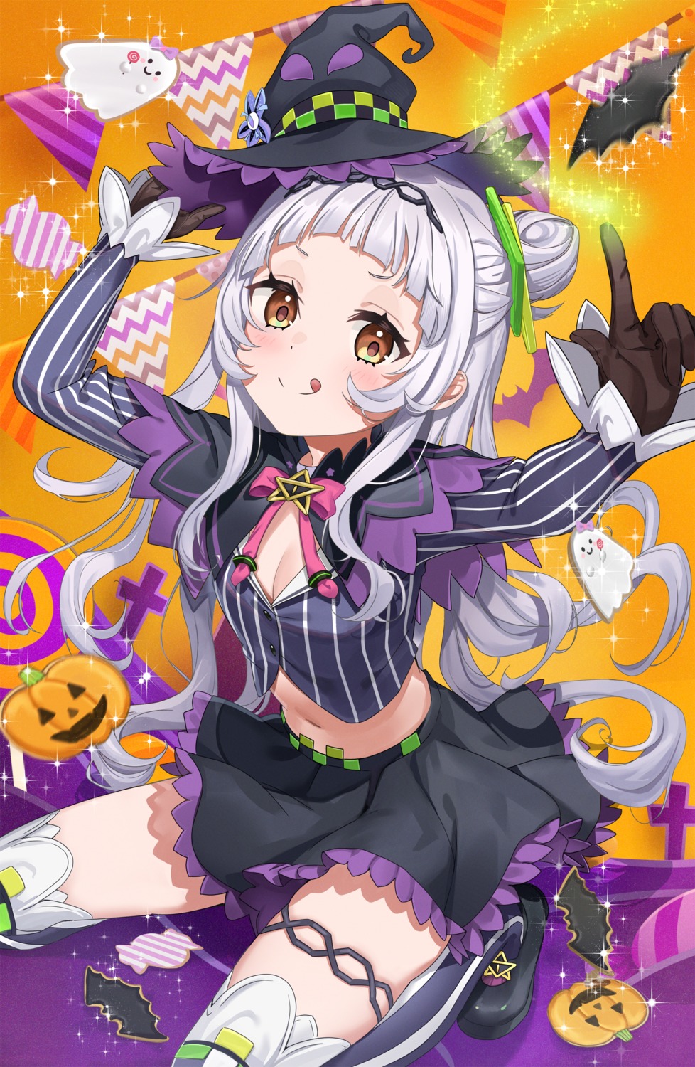 cleavage garter halloween hatsuno_xxx hololive murasaki_shion skirt_lift thighhighs witch