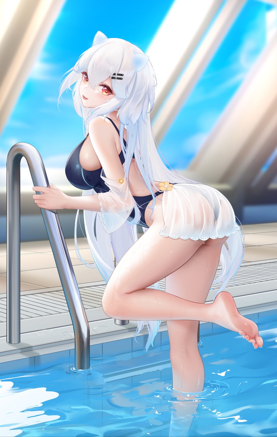 animal_ears ass feet liu_liaoliao see_through swimsuits wet wet_clothes