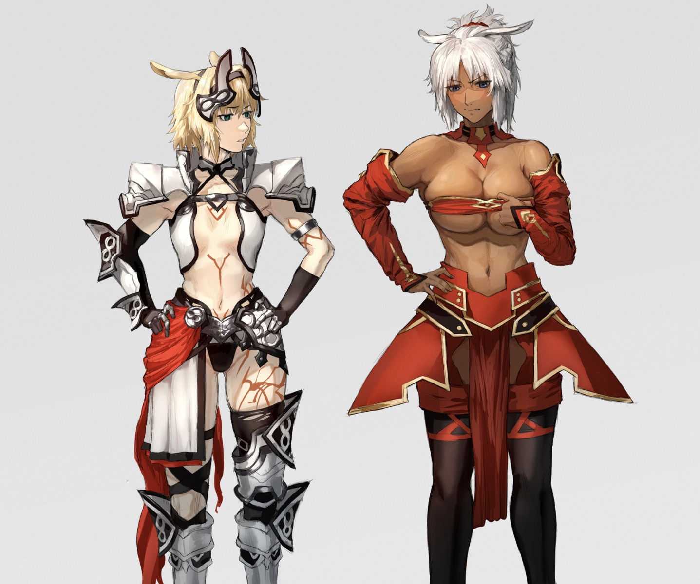 animal_ears armor bikini_armor caenis_(fate/grand_order) cosplay fate/apocrypha fate/grand_order fate/stay_night mordred_(fate) tattoo thighhighs tonko_from torn_clothes