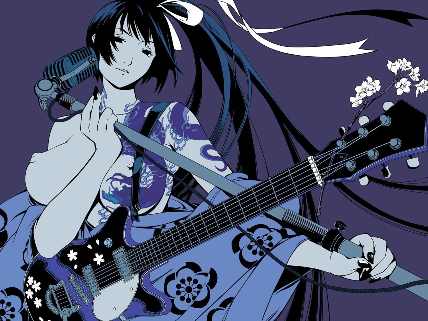 breasts guitar japanese_clothes kimono natsume_aya nipples oh!_great tenjou_tenge vector_trace wallpaper