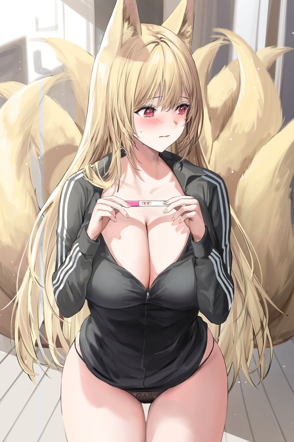 animal_ears cleavage gym_uniform kitsune lillly no_bra open_shirt pantsu tail