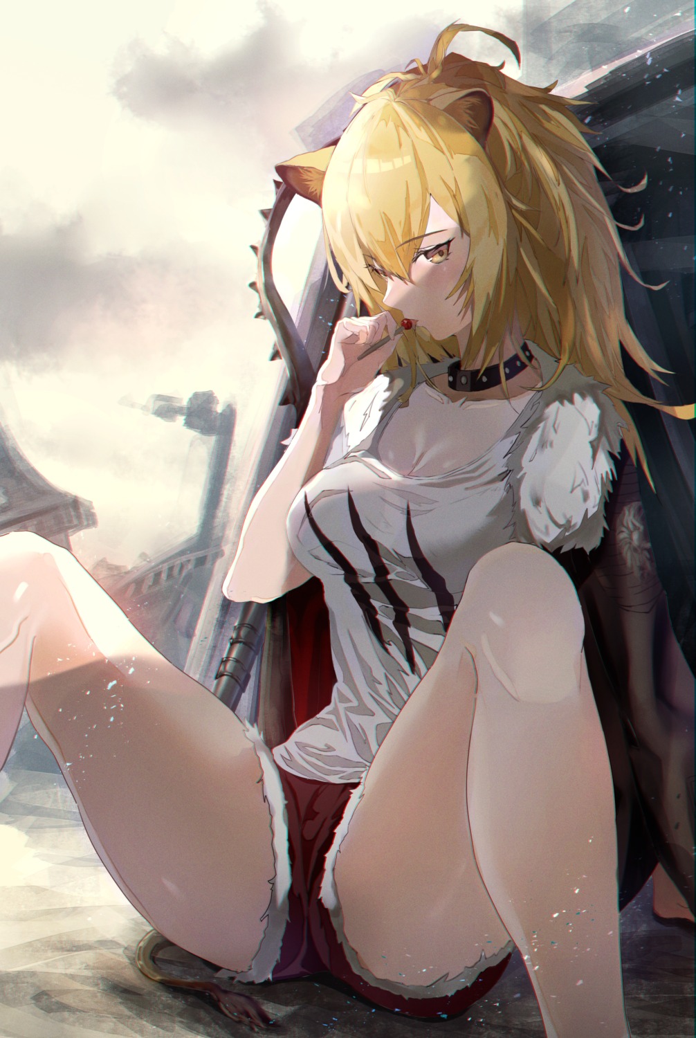 animal_ears arknights cleavage ritta_(abmnoworld) siege_(arknights) tail weapon
