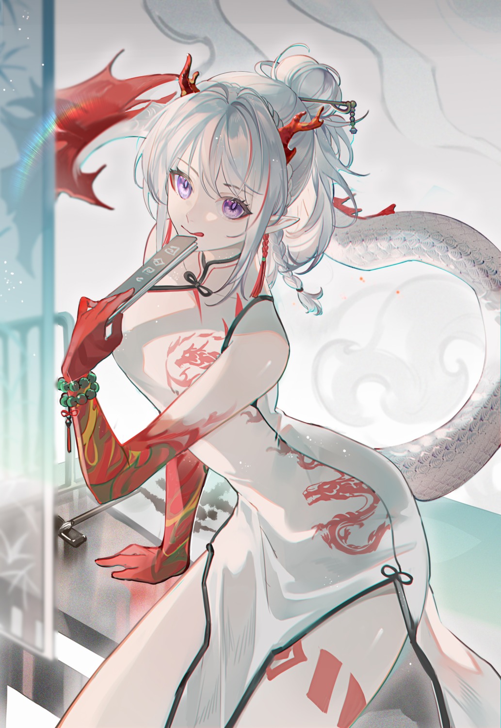 aqizaliangpu arknights chinadress horns monster_girl nian_(arknights) pointy_ears tail tattoo