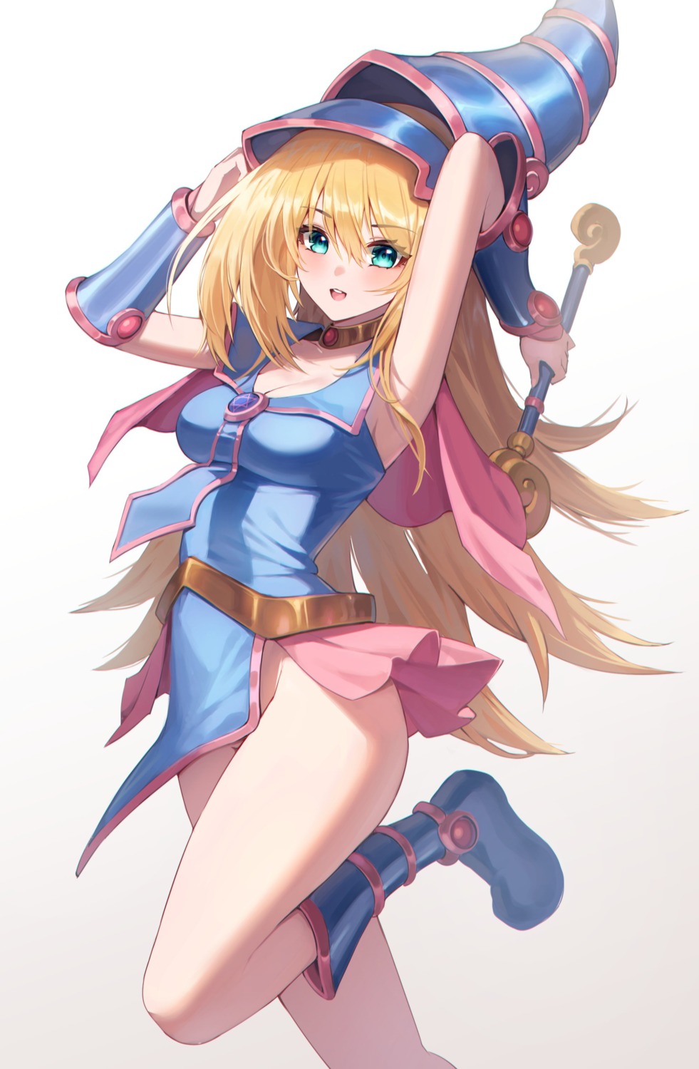 armor cleavage dark_magician_girl nopan skirt_lift ugwa weapon witch yugioh