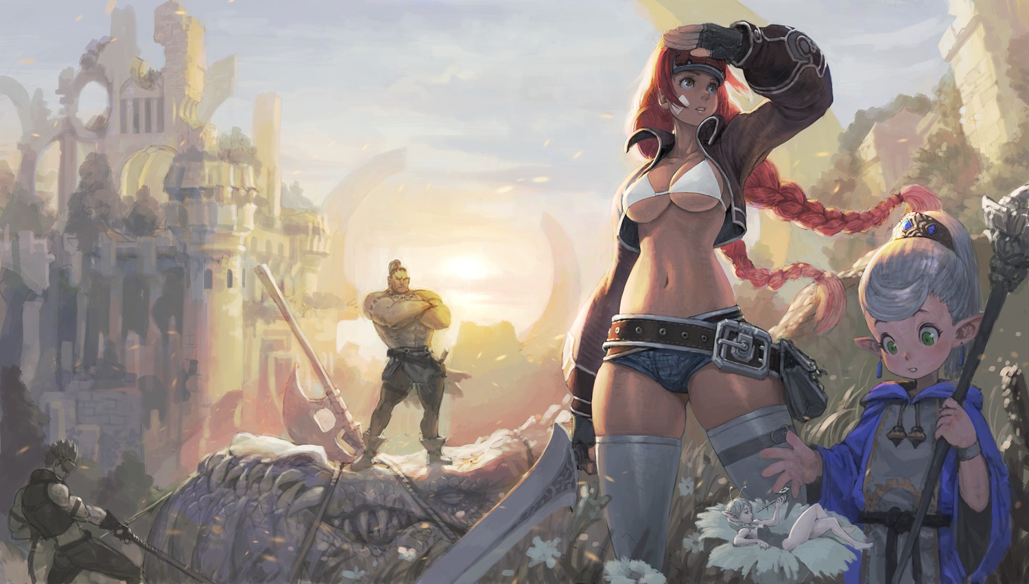 bikini_top cleavage loped pointy_ears swimsuits sword thighhighs underboob weapon