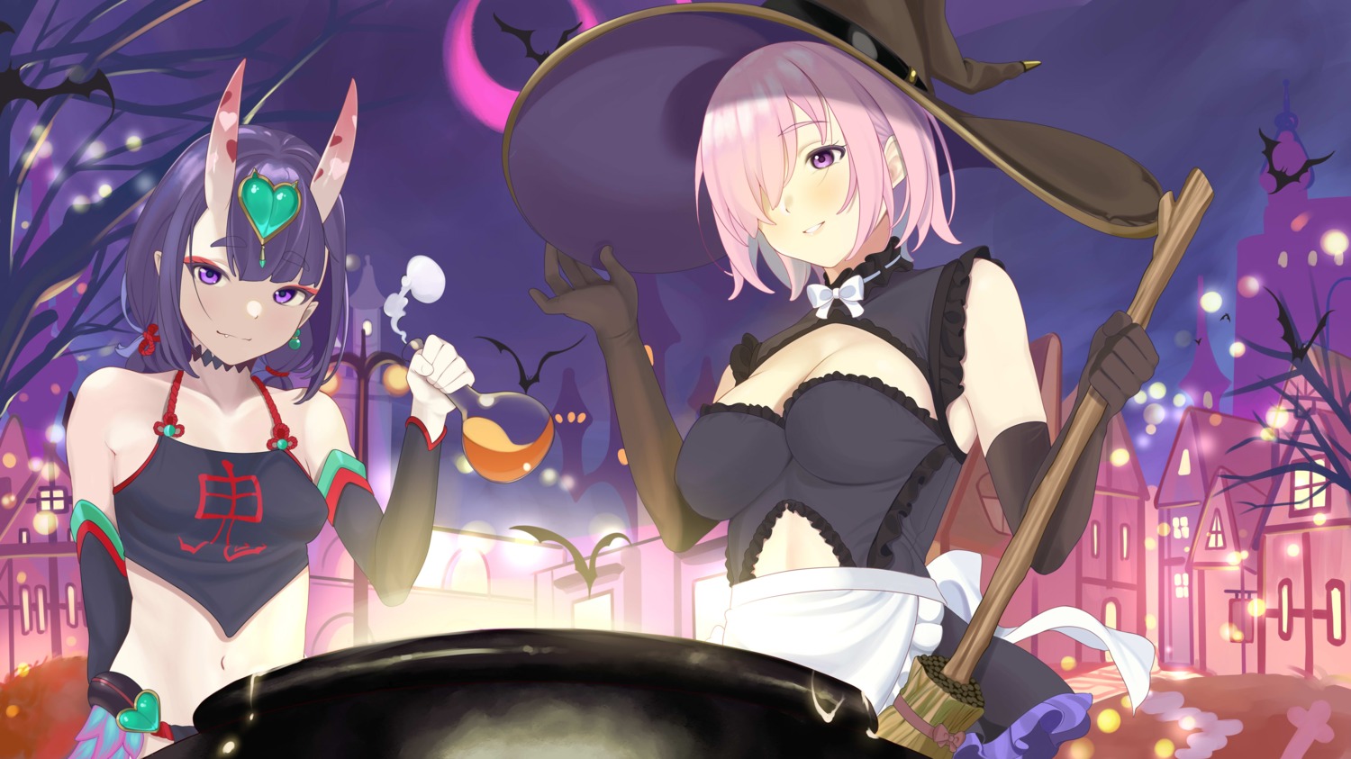 asian_clothes fate/grand_order halloween horns lingerie mash_kyrielight pointy_ears quatthro shuten_douji_(fate/grand_order) witch