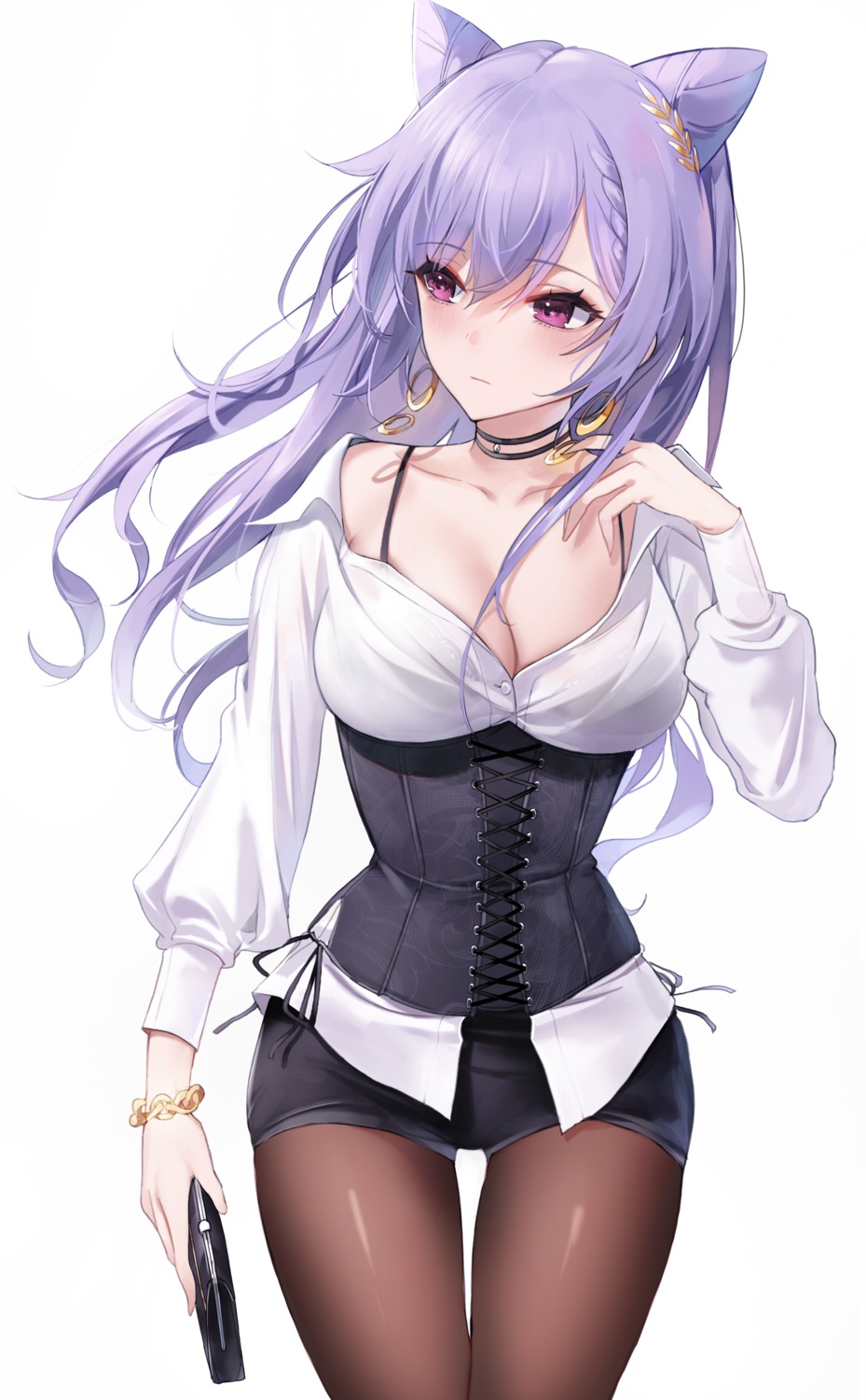 bra cleavage emyo genshin_impact keqing open_shirt pantyhose see_through