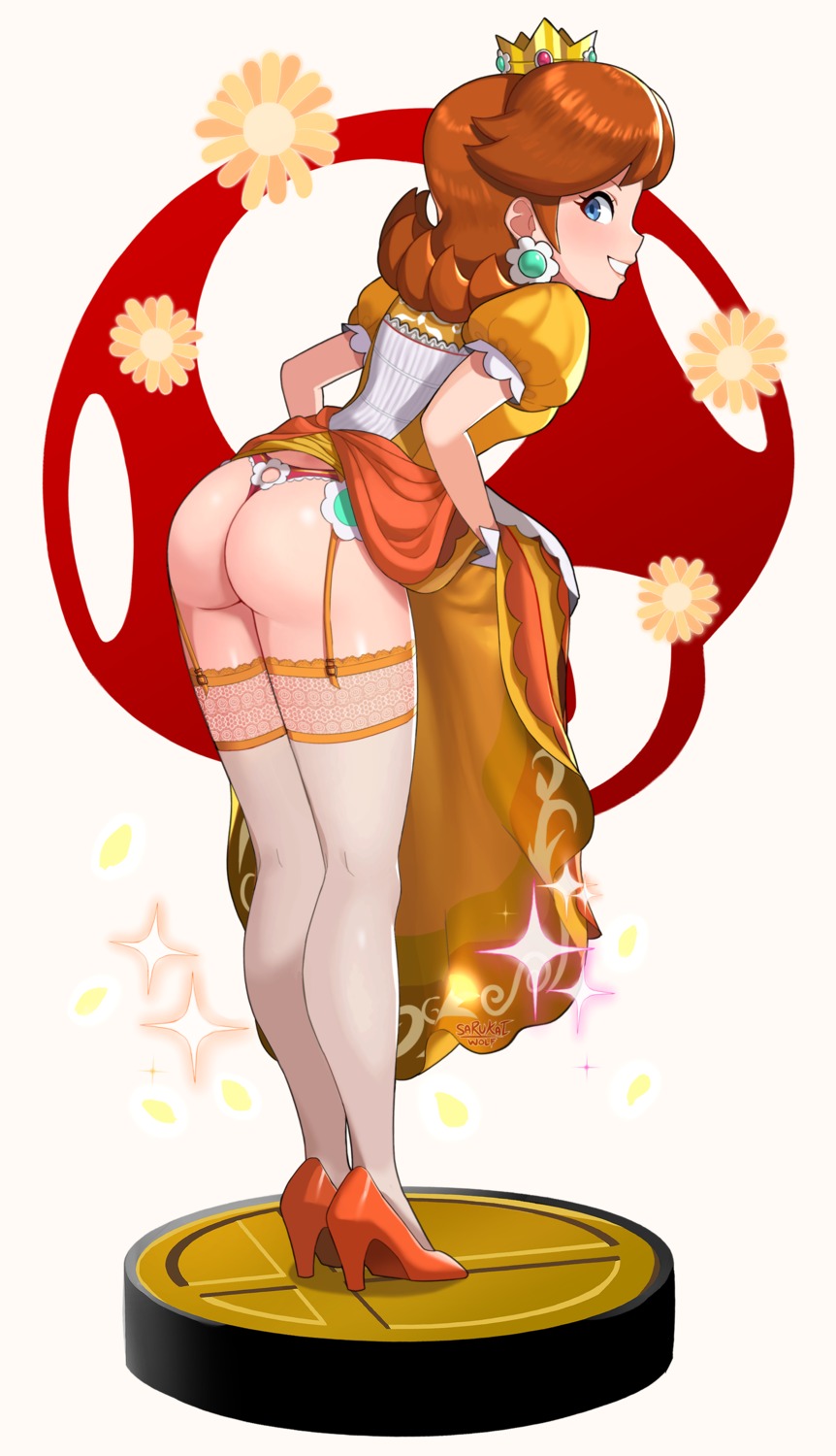 ass dress heels mario_bros. pantsu princess_daisy sarukaiwolf skirt_lift stockings thighhighs thong