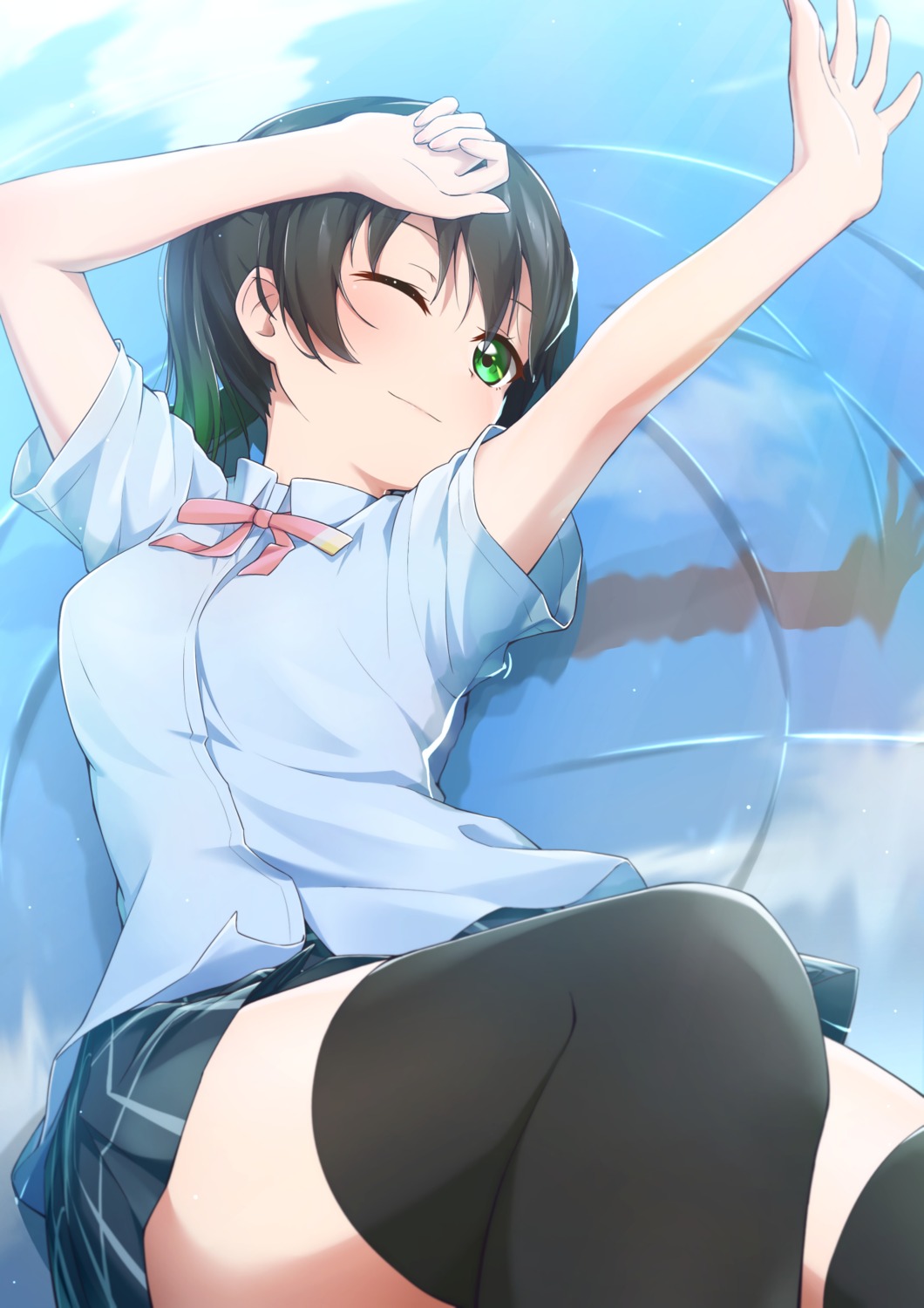 love_live!_nijigasaki_high_school_idol_club seifuku skirt_lift takasaki_yuu thighhighs wet yuuren