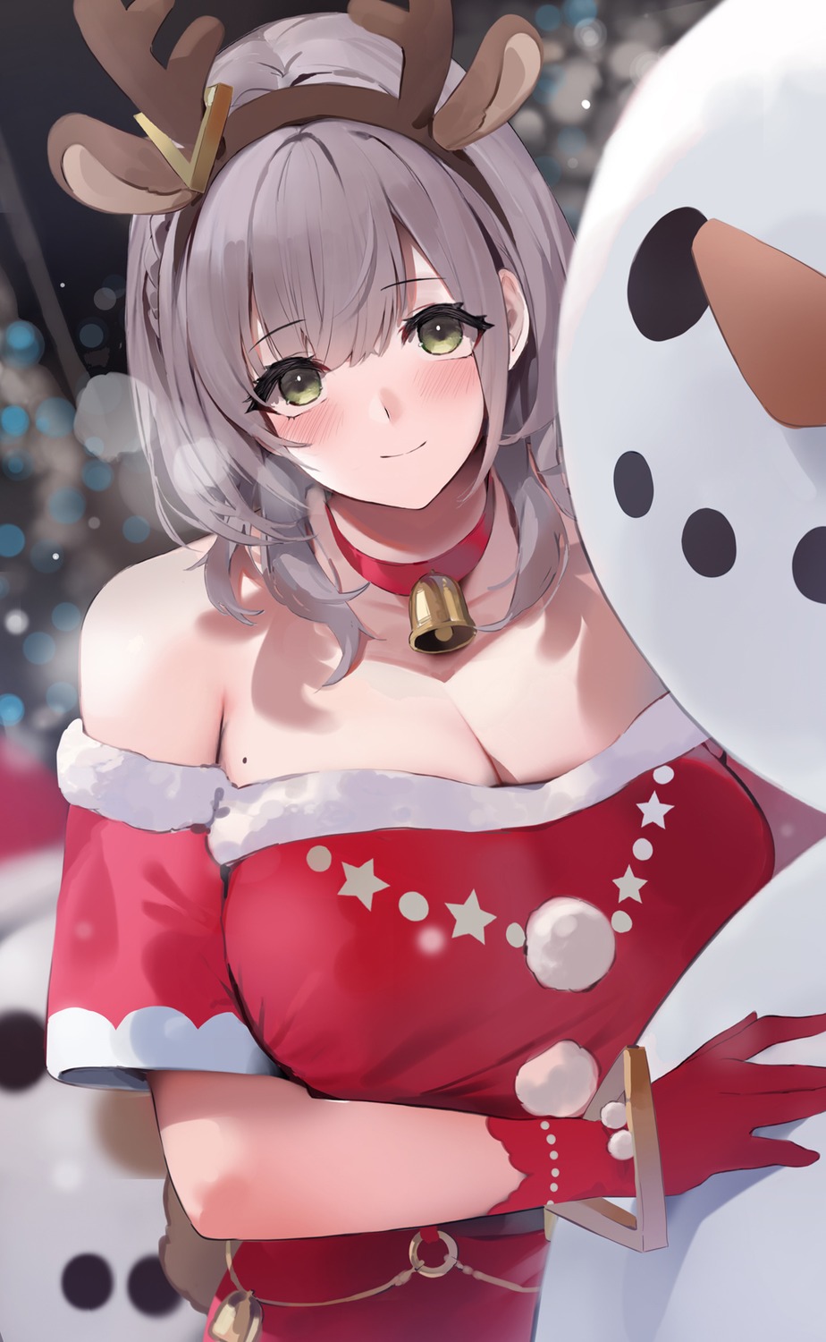 animal_ears christmas cleavage hololive horns niii_(memstapak) no_bra shirogane_noel tail