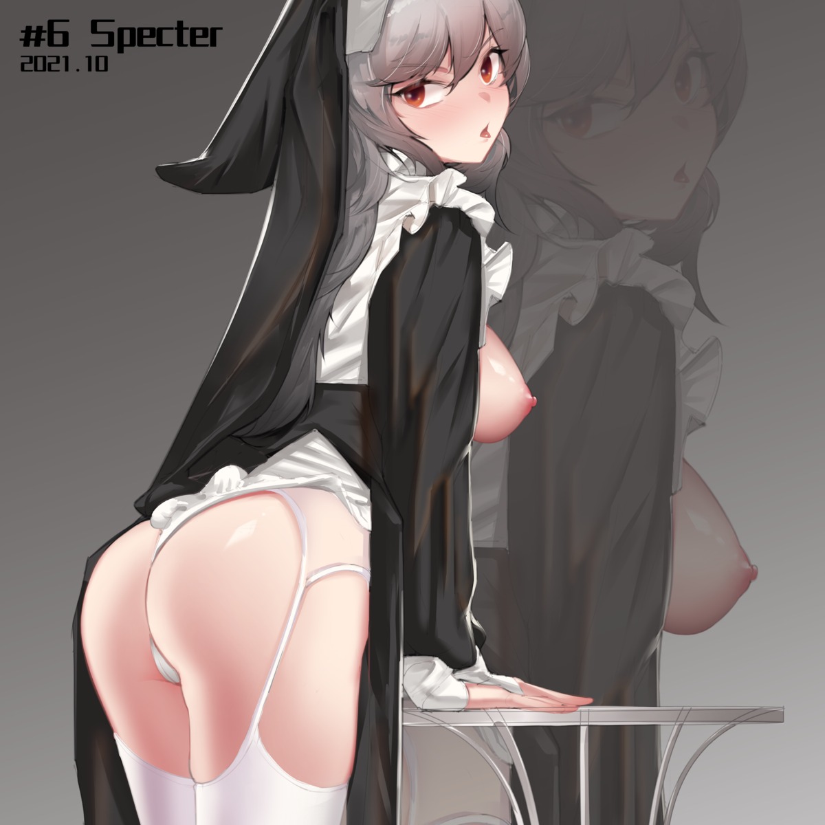 arknights breasts cameltoe feint721 nipples no_bra nun open_shirt pantsu specter_(arknights) stockings thighhighs thong