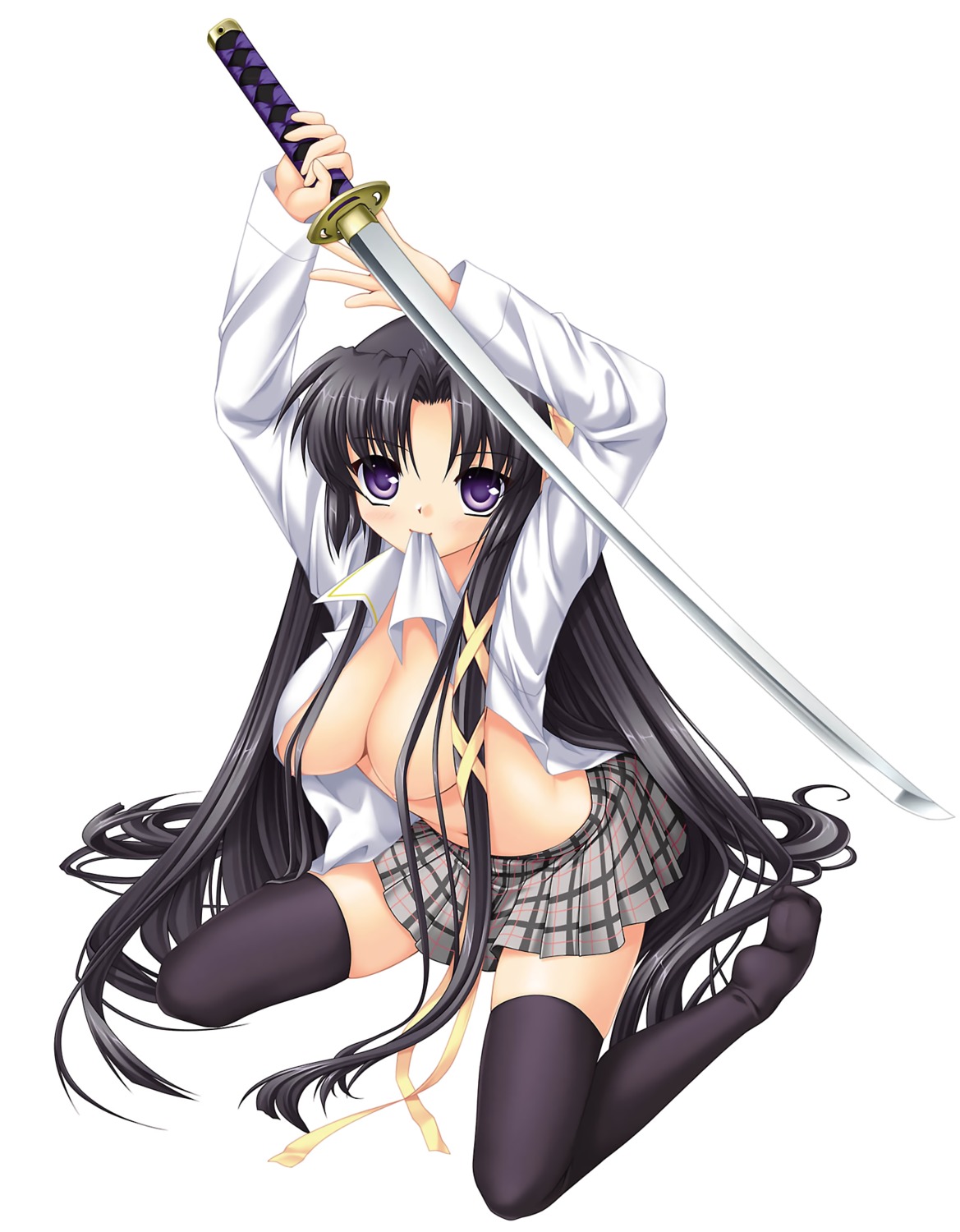 breasts hinoue_itaru key kurugaya_yuiko little_busters! na-ga no_bra open_shirt seifuku sword thighhighs