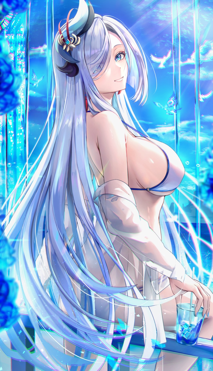 ass bikini dress_shirt genshin_impact open_shirt otabaaa see_through shenhe swimsuits