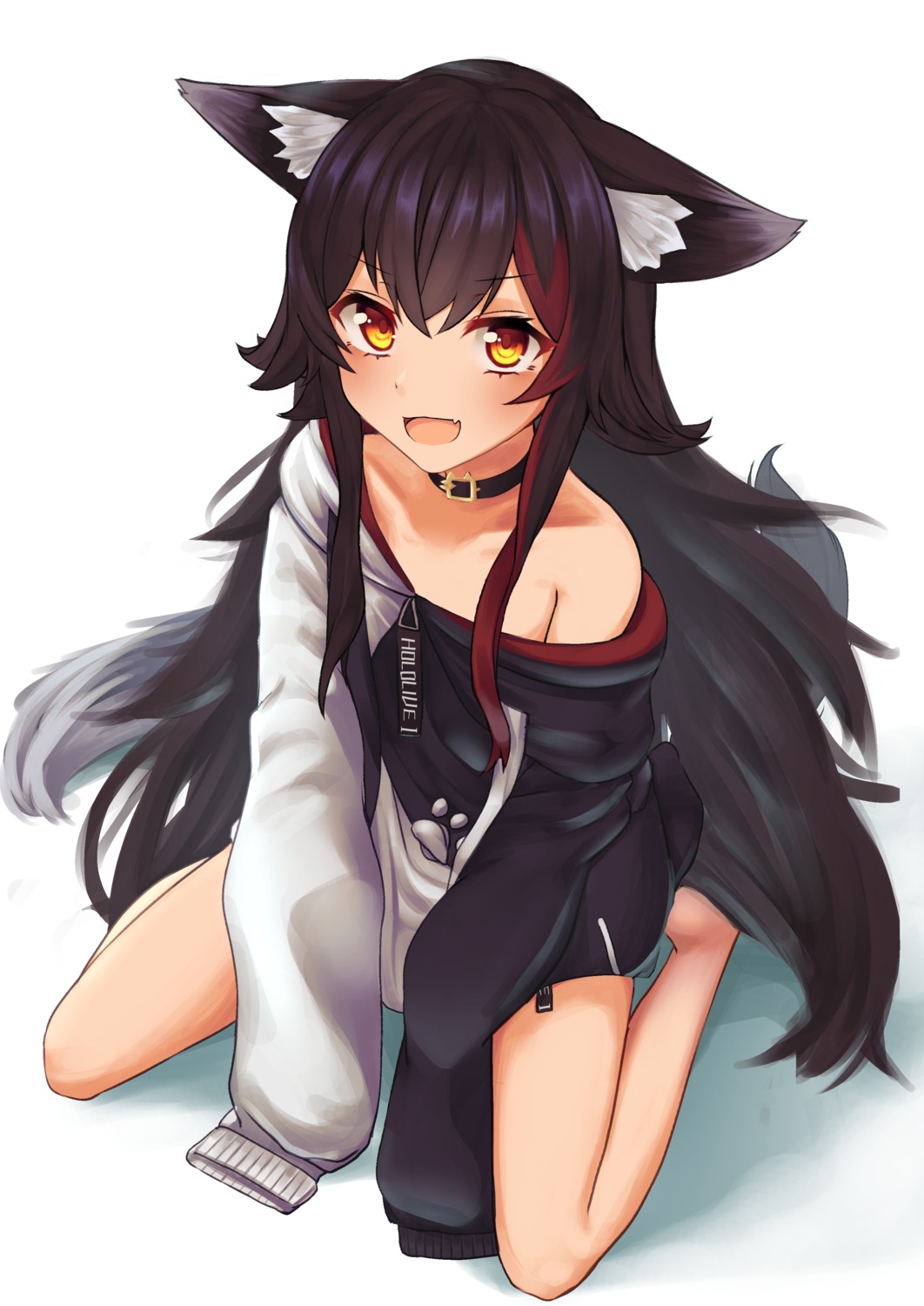 animal_ears hololive hololive_gamers inaba_teitoku no_bra ookami_mio open_shirt tail