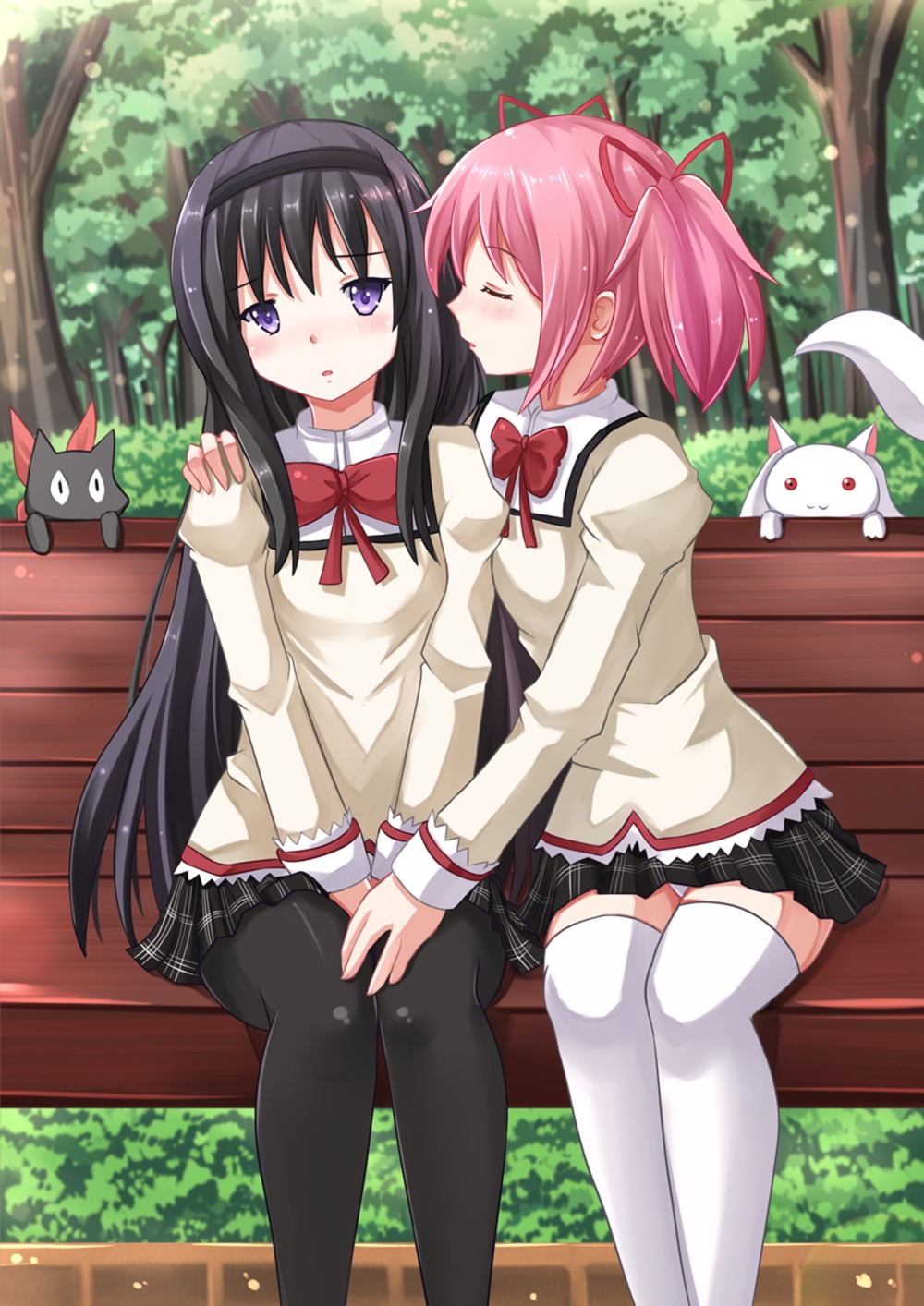 akemi_homura kaname_madoka kazenokaze mahou_shoujo_madoka_magica neko nichijou pantsu pantyhose sakamoto seifuku thighhighs