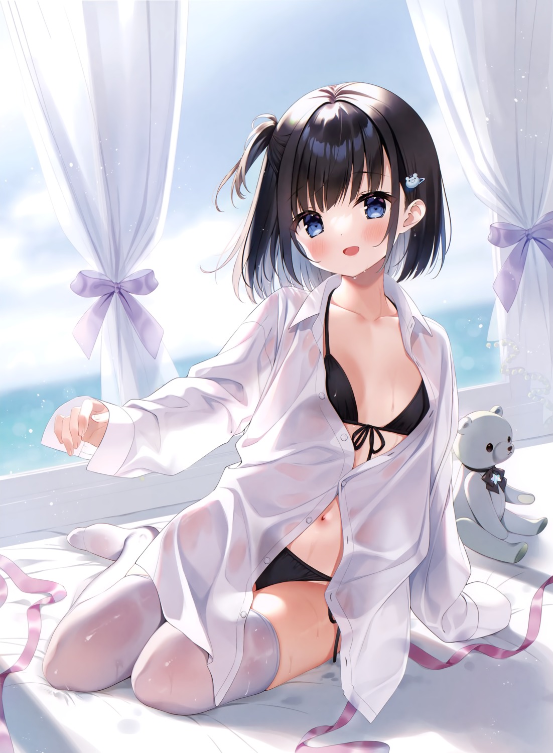 bikini detexted dress_shirt loli miwa_futaba open_shirt see_through swimsuits thighhighs wet wet_clothes