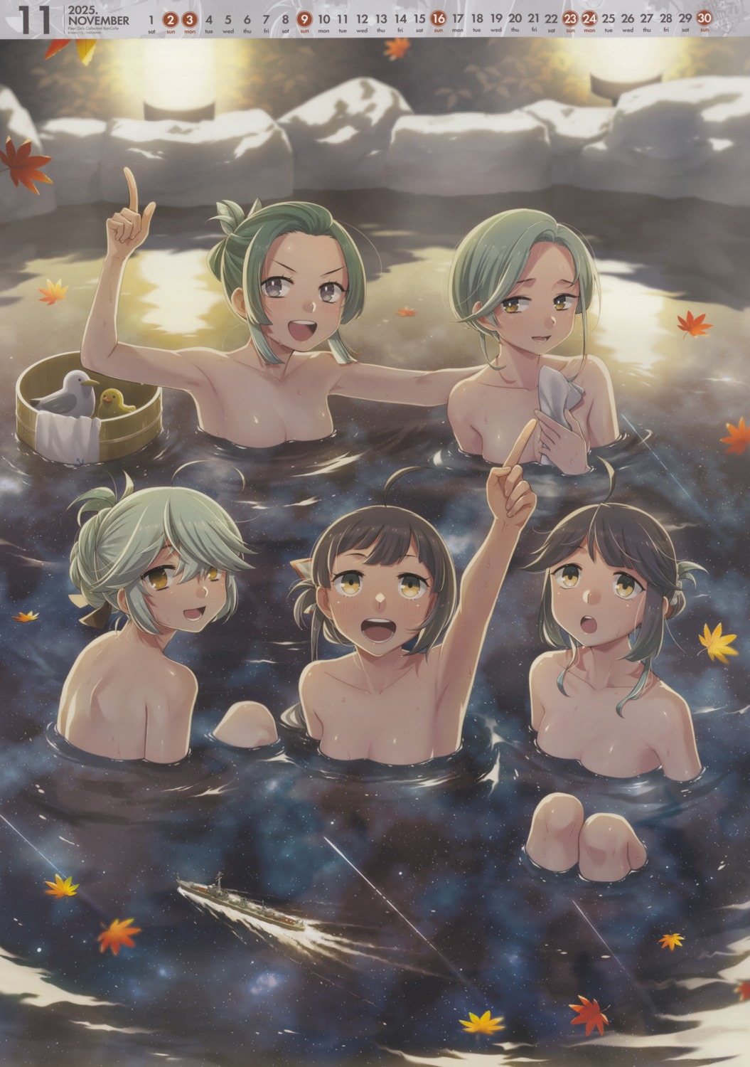 bathing calendar fujikawa hamanami_(kancolle) hayanami_(kancolle) kantai_collection onsen suzunami_(kancolle) tamanami_(kancolle) topless towel wet