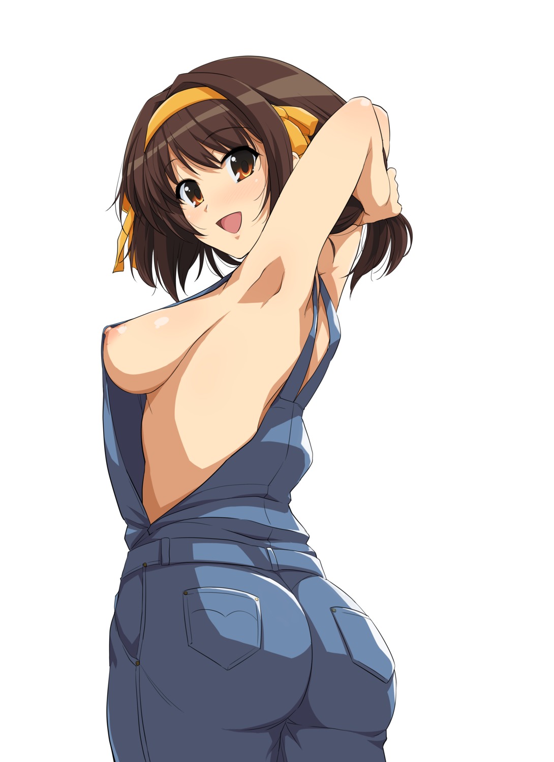 ass breasts haruhisky nipples no_bra overalls suzumiya_haruhi suzumiya_haruhi_no_yuuutsu