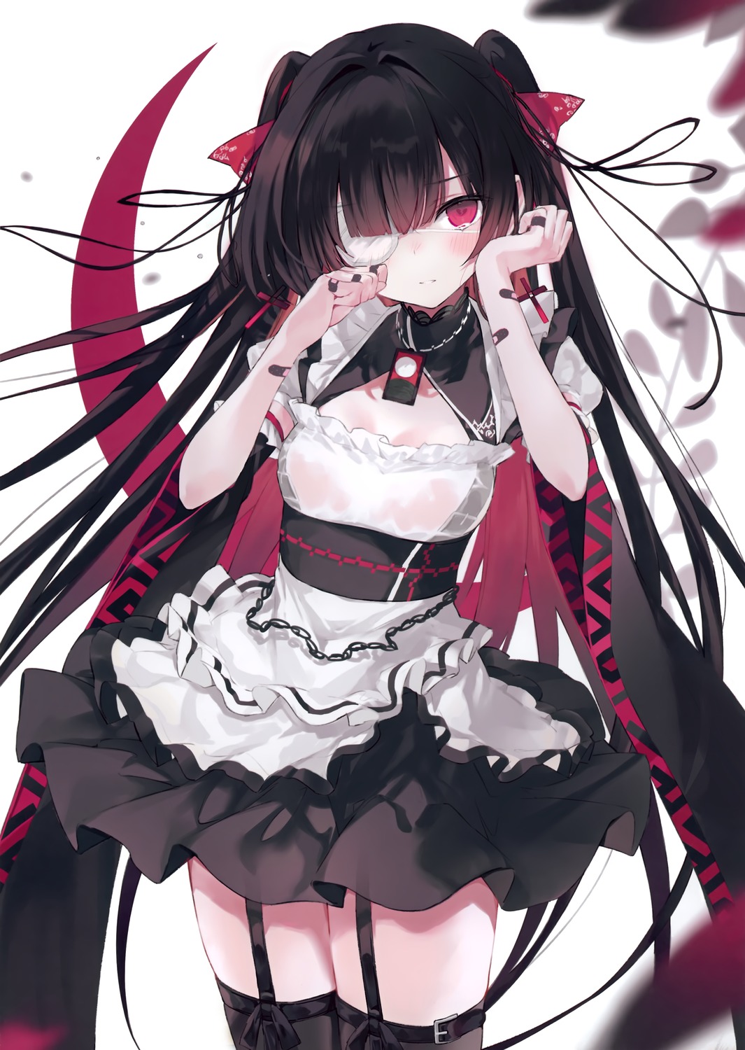 bandaid dress eyepatch garter luna_berry nana_(luna_berry) no_bra see_through stockings thighhighs wet_clothes