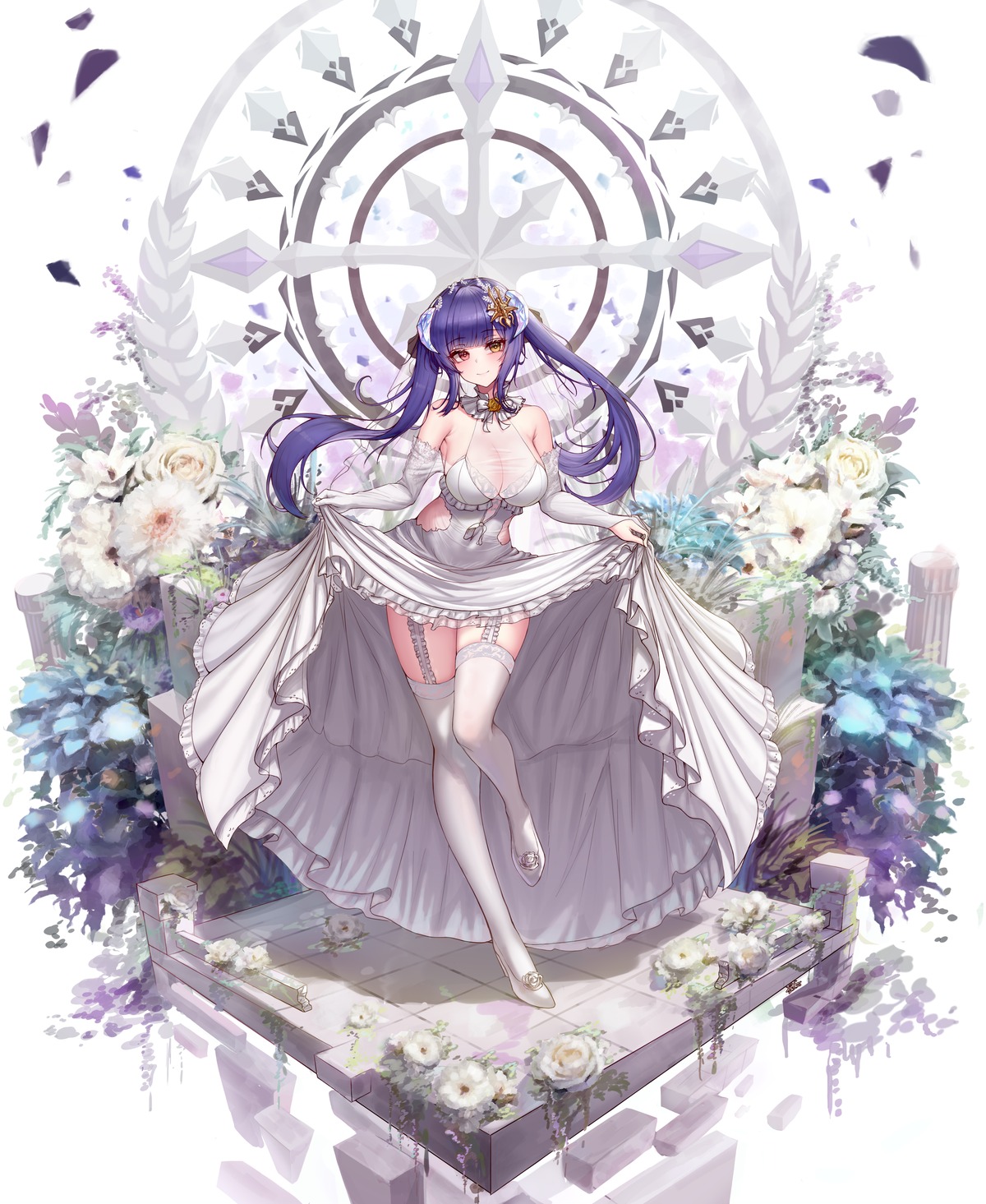 dress heels heterochromia horns lilac_(k32420276) no_bra see_through skirt_lift stockings thighhighs wedding_dress