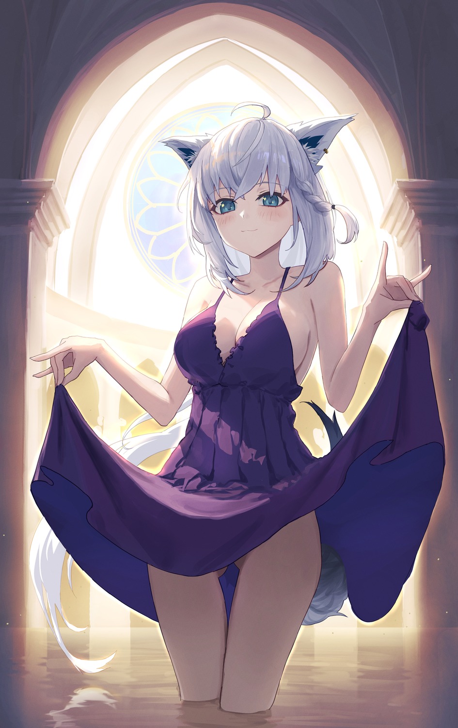 animal_ears dress hololive hololive_gamers kitsune no_bra shirakami_fubuki skirt_lift suna_yosshii tail wet