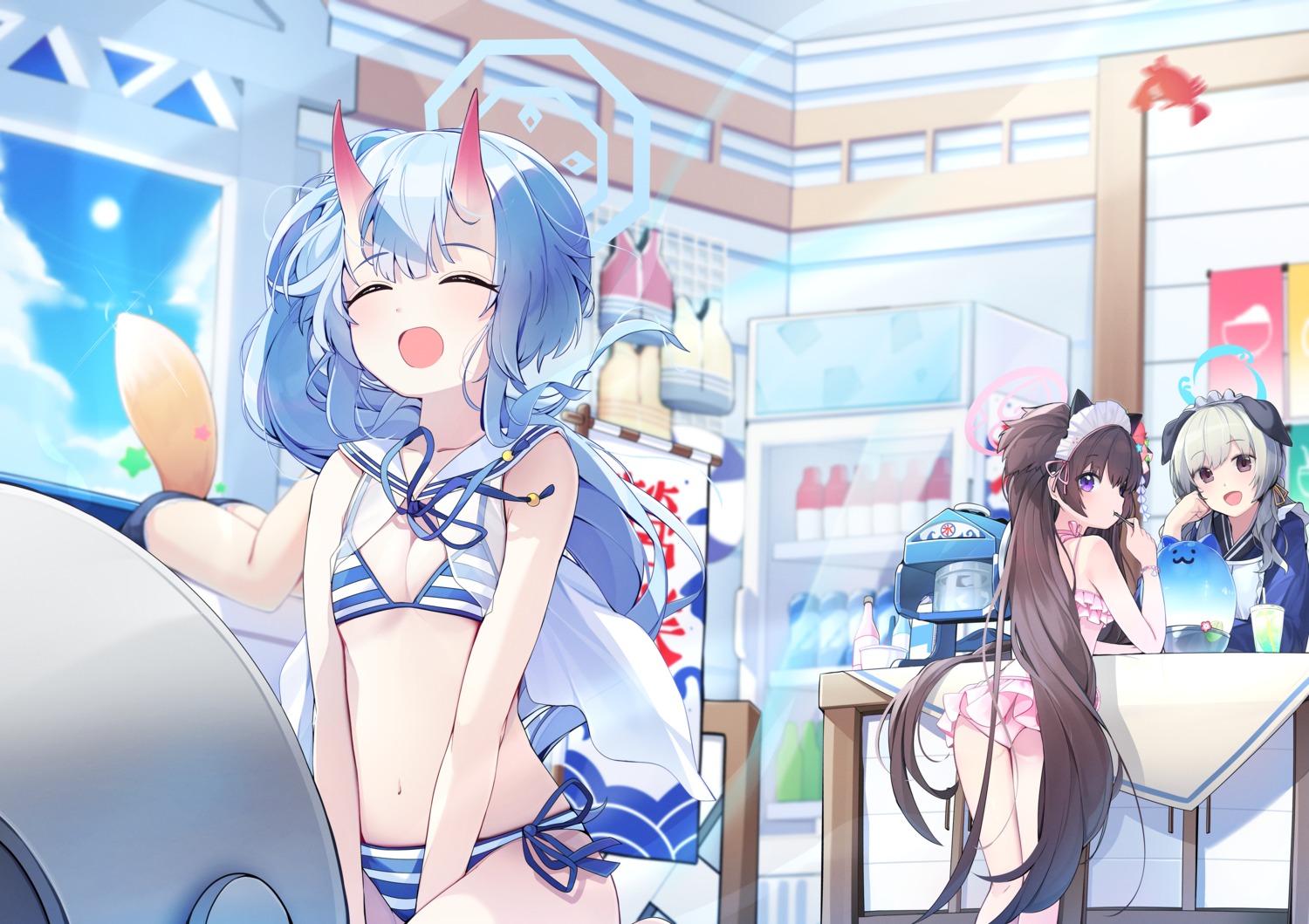 animal_ears ass bikini blue_archive ddangbi halo horns inumimi kawawa_shizuko kitsune kuda_izuna maid nekomimi satohama_umika see_through swimsuits tail wa_maid waraku_chise