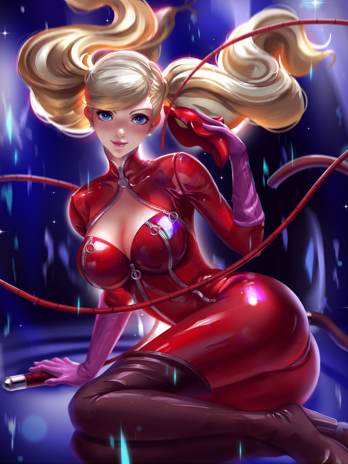 ass bodysuit cleavage heels liang_xing megaten open_shirt persona persona_5 tail takamaki_anne weapon